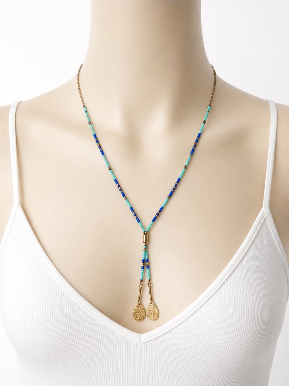 Boho Turquoise Beaded Lariat Necklace‎ Gold Drop Dangle